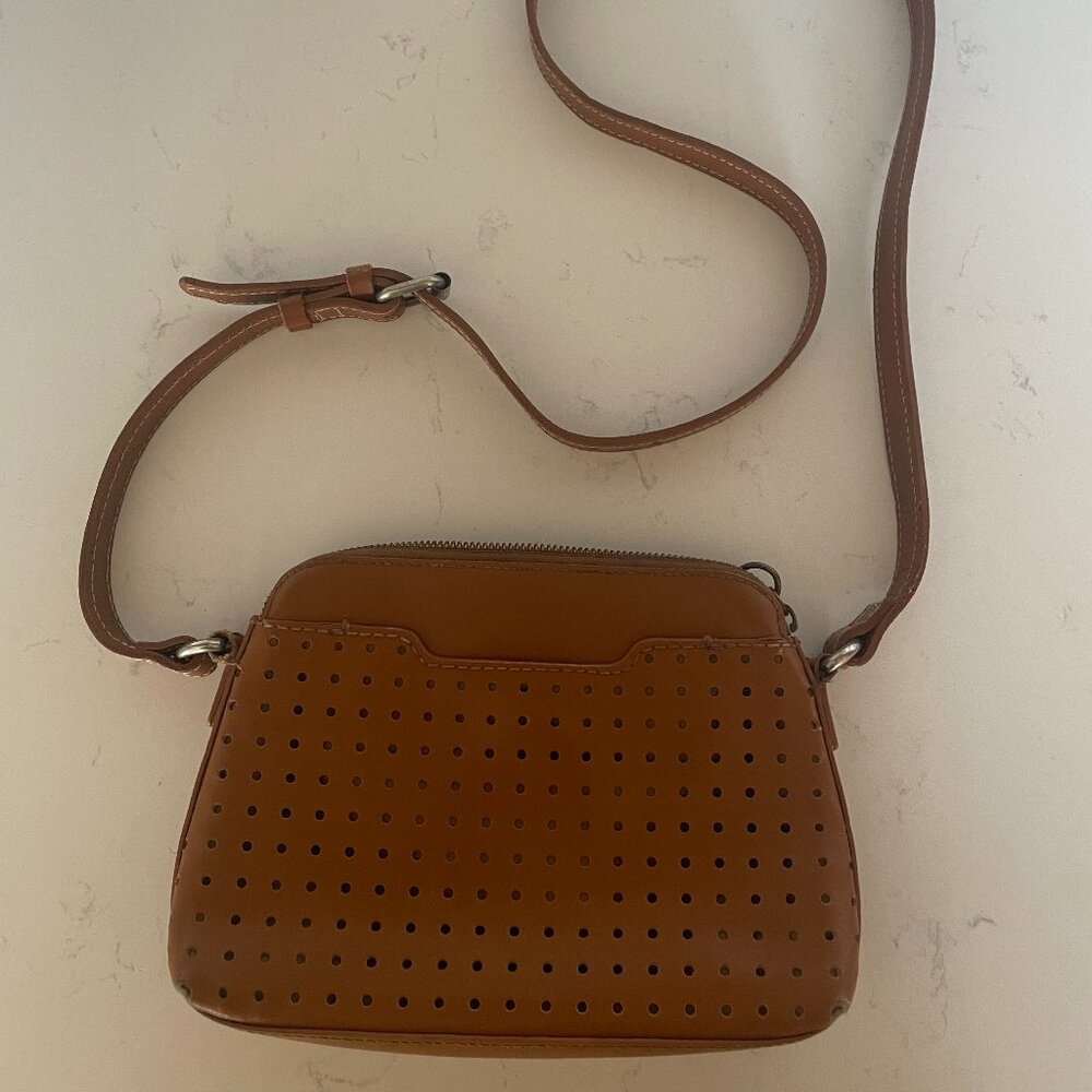 Anthropologie Kelsi‎ Dagger Leather Crossbody Bag in Cognac Brown, Perforated